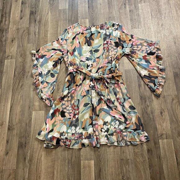 NWT Miss Sparkling Abstract Wrap Dress Size Large Green Pastel Colorful - Picture 4 of 7